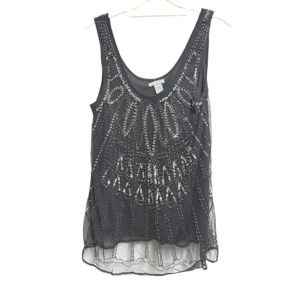 Angie Sequin Beaded Mesh Art Deco Black Tank Top Embellished Size M